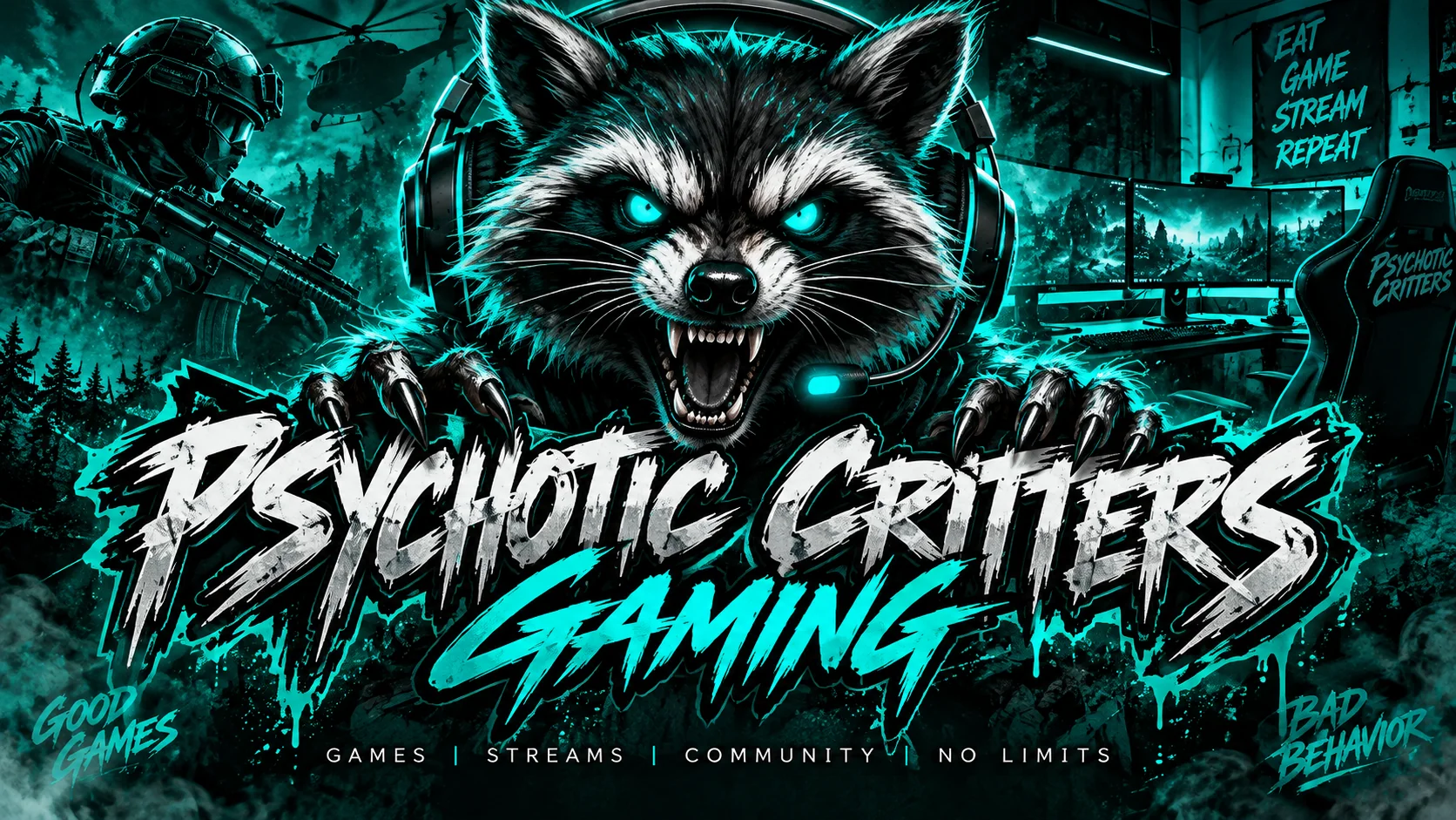 Psychotic Critters Gaming channel artwork with teal-lit raccoon in headset, tactical games, and streaming setup